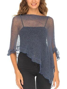 Women’s Blue Jeans Sheer Knit Poncho Shrug Lightweight Asymmetrical Ruffle Wraps